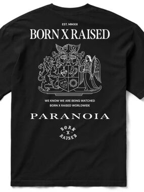BORN X RAISED Black Tee with White Crest & 'PARANOIA' Back Graphic